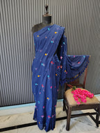 Navy Blue Multiflower Embroidery Mulmul Saree