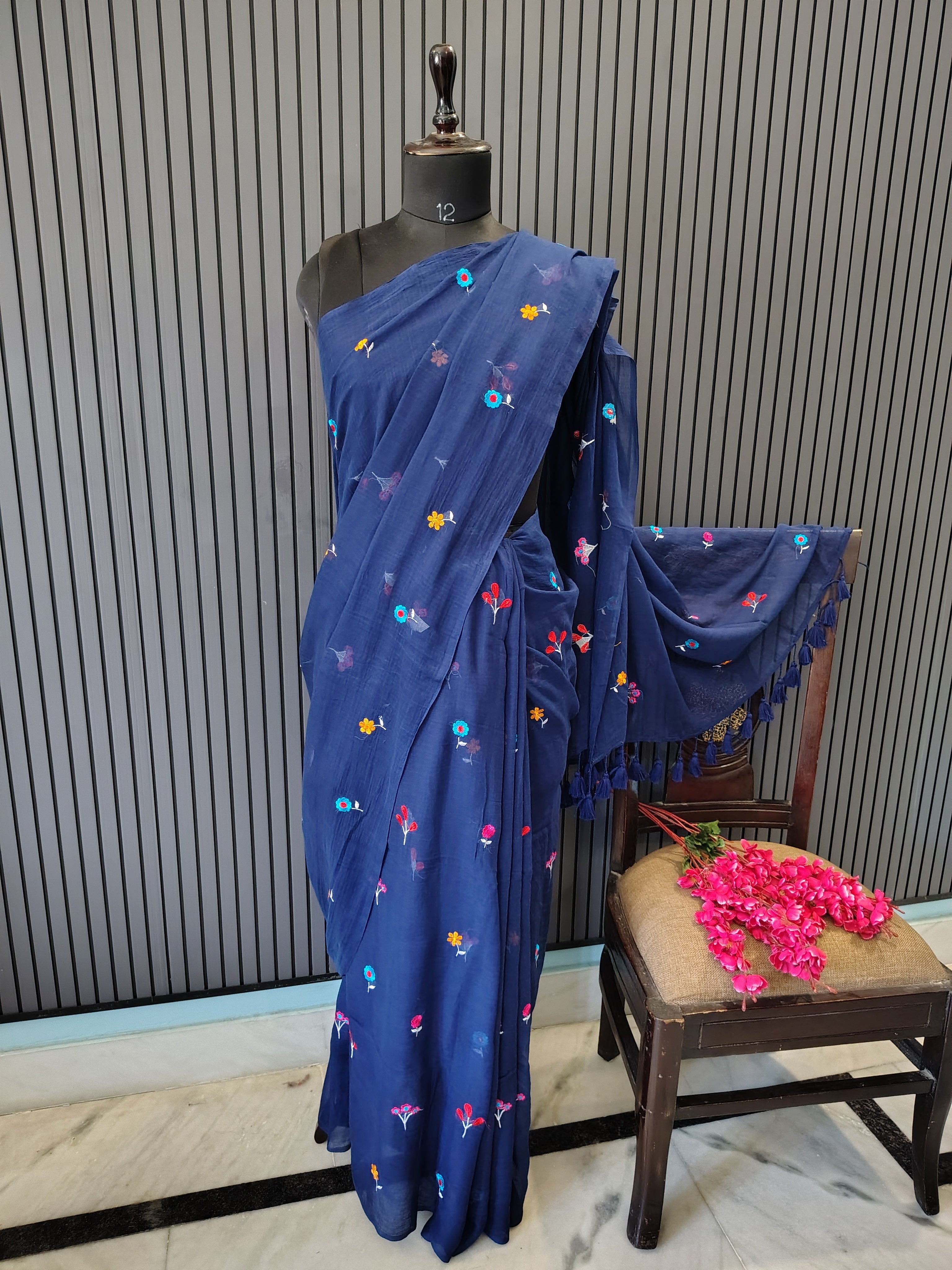 Navy Blue Multiflower Embroidery Mulmul Saree