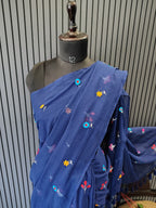 Navy Blue Multiflower Embroidery Mulmul Saree
