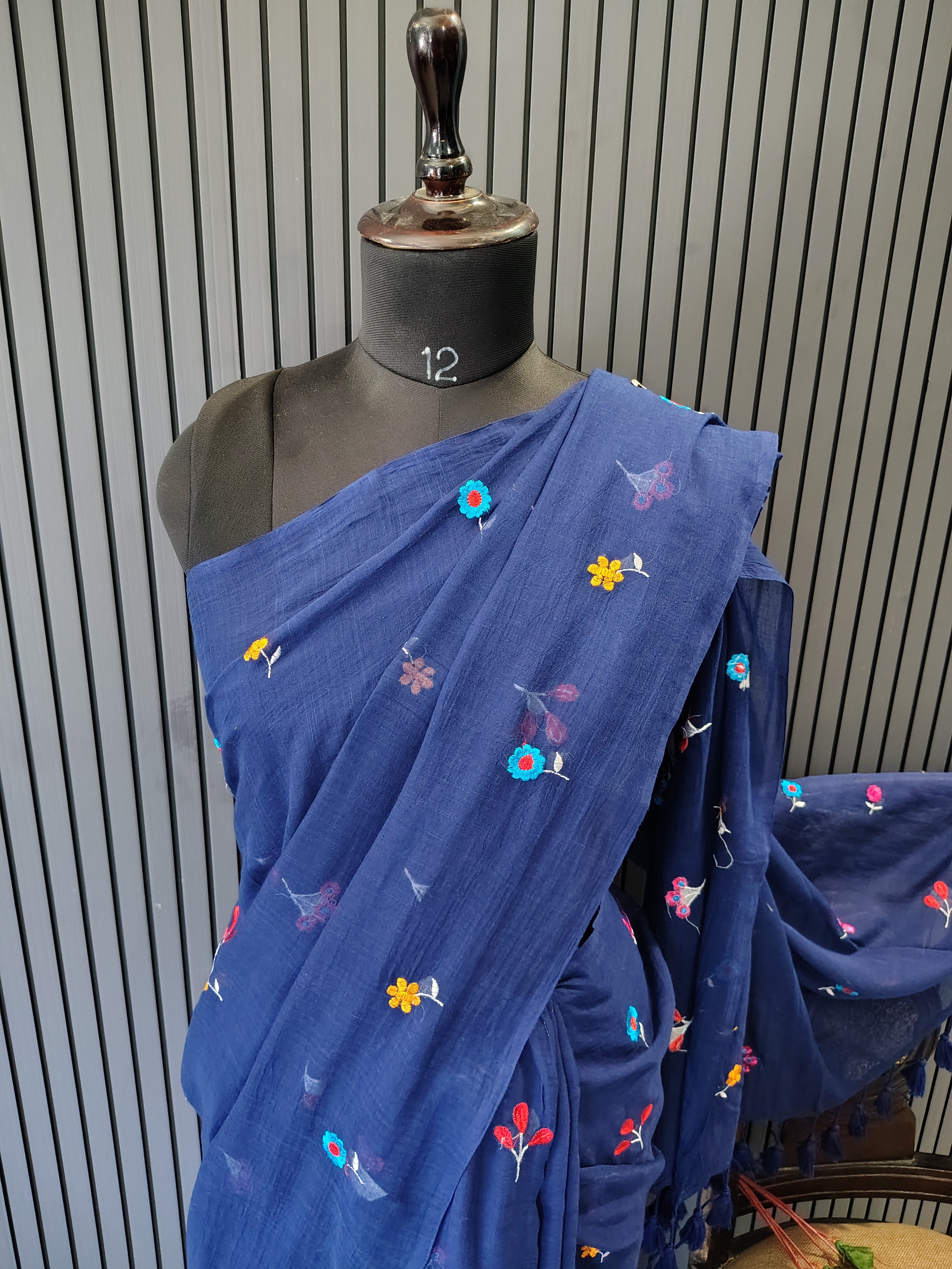 Navy Blue Multiflower Embroidery Mulmul Saree