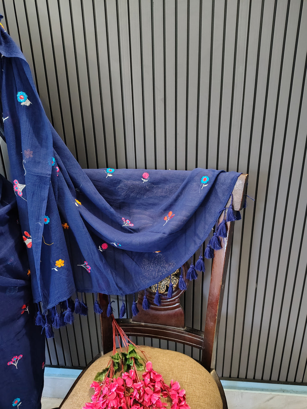 Navy Blue Multiflower Embroidery Mulmul Saree