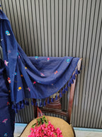 Navy Blue Multiflower Embroidery Mulmul Saree