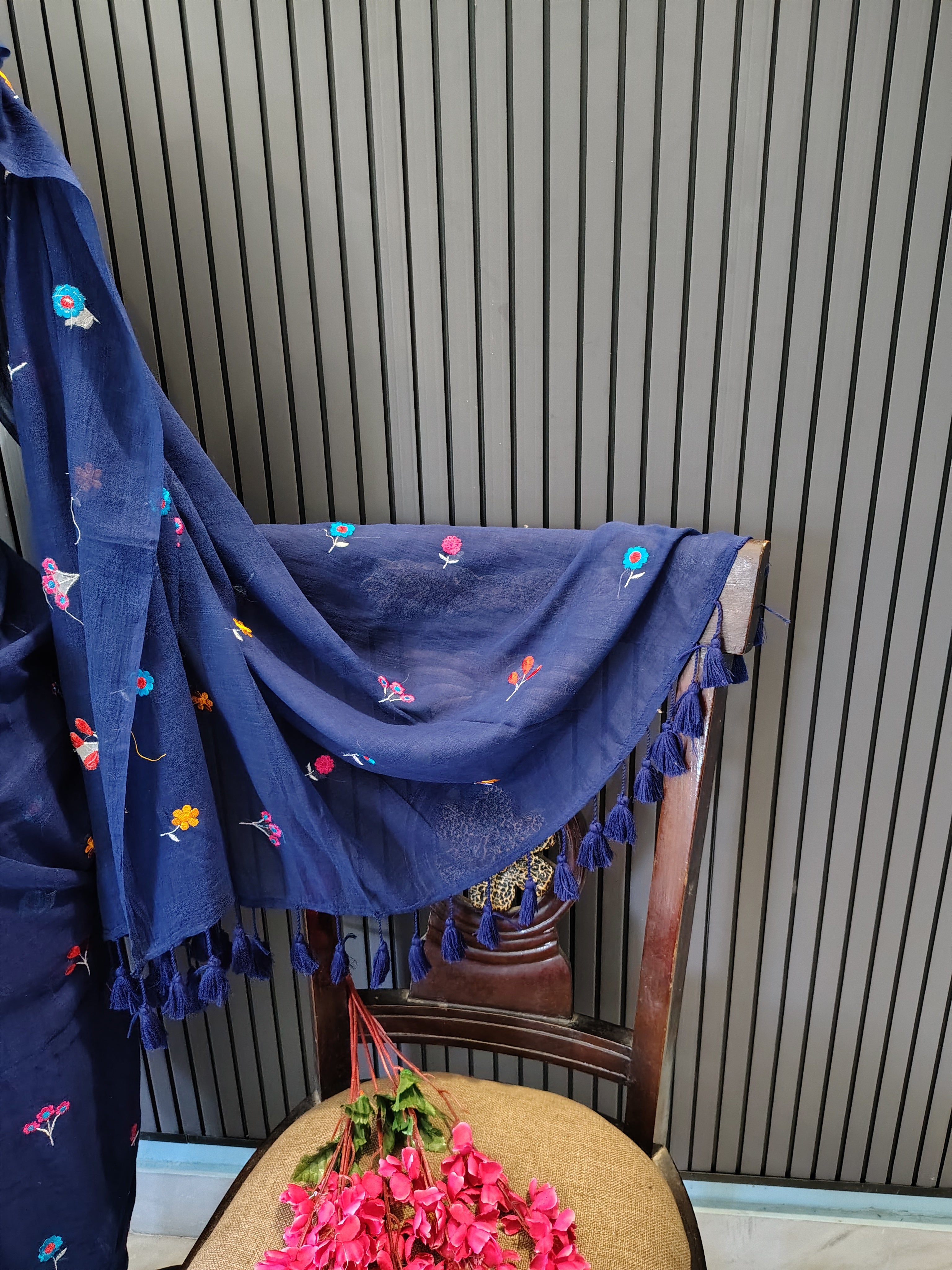 Navy Blue Multiflower Embroidery Mulmul Saree