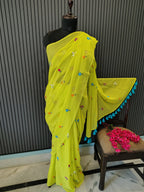 Neon Green Multiflower Embroidery Mulmul Saree