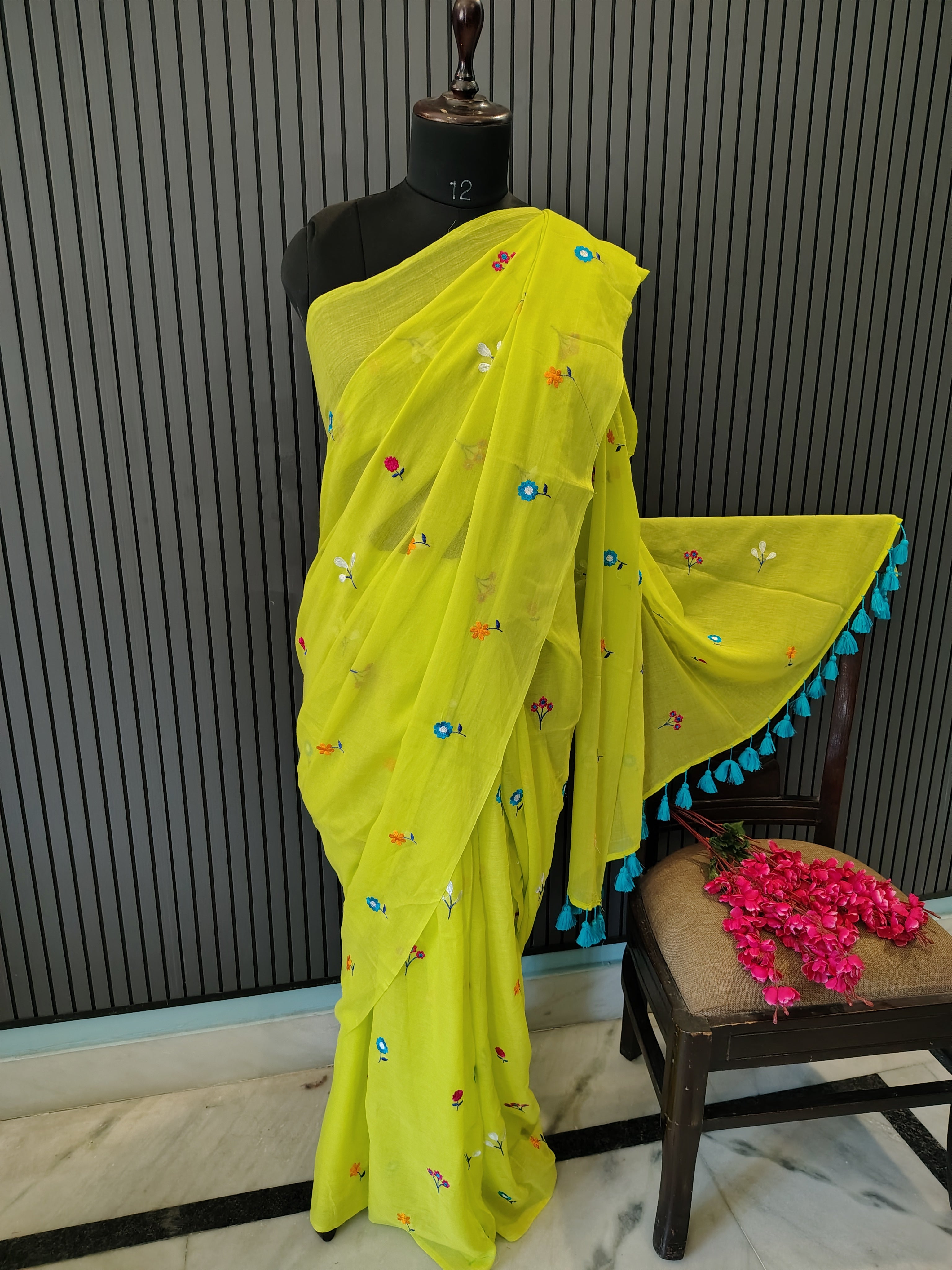 Neon Green Multiflower Embroidery Mulmul Saree