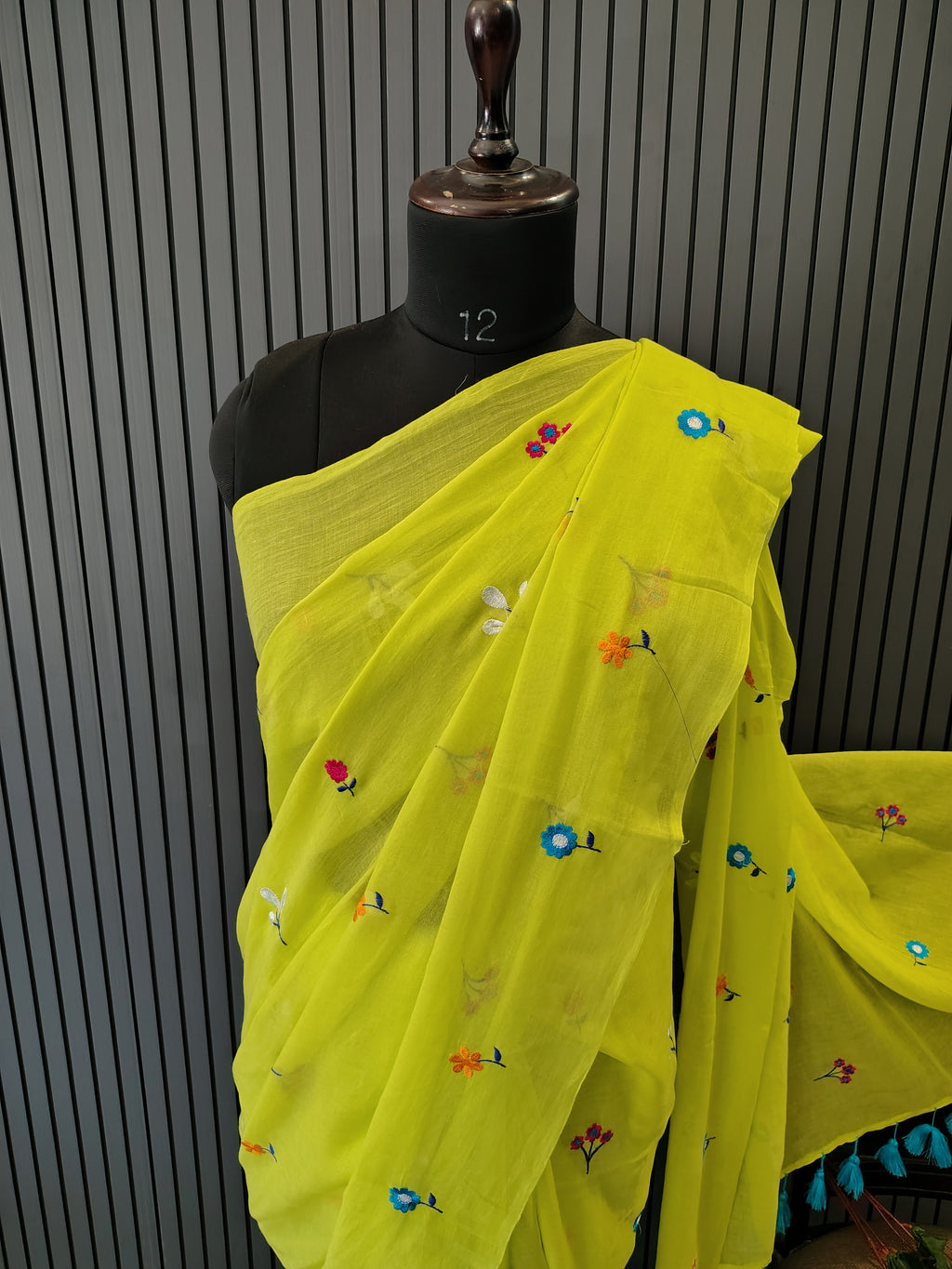 Neon Green Multiflower Embroidery Mulmul Saree