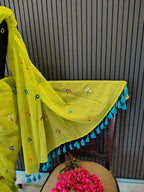Neon Green Multiflower Embroidery Mulmul Saree