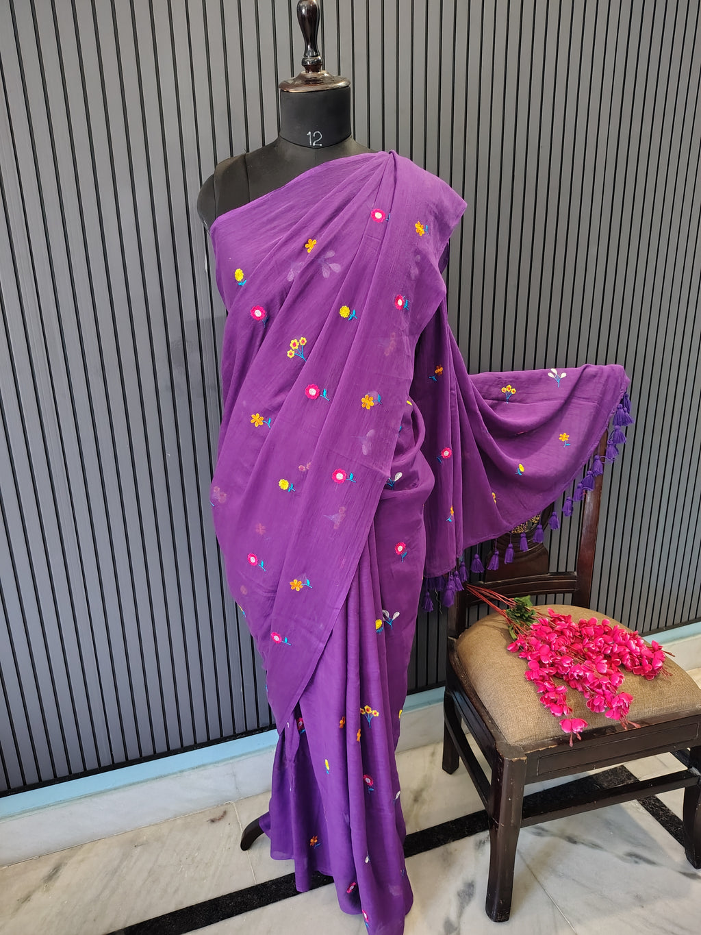 Purple Multiflower Embroidery Mulmul Saree