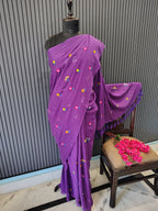 Purple Multiflower Embroidery Mulmul Saree