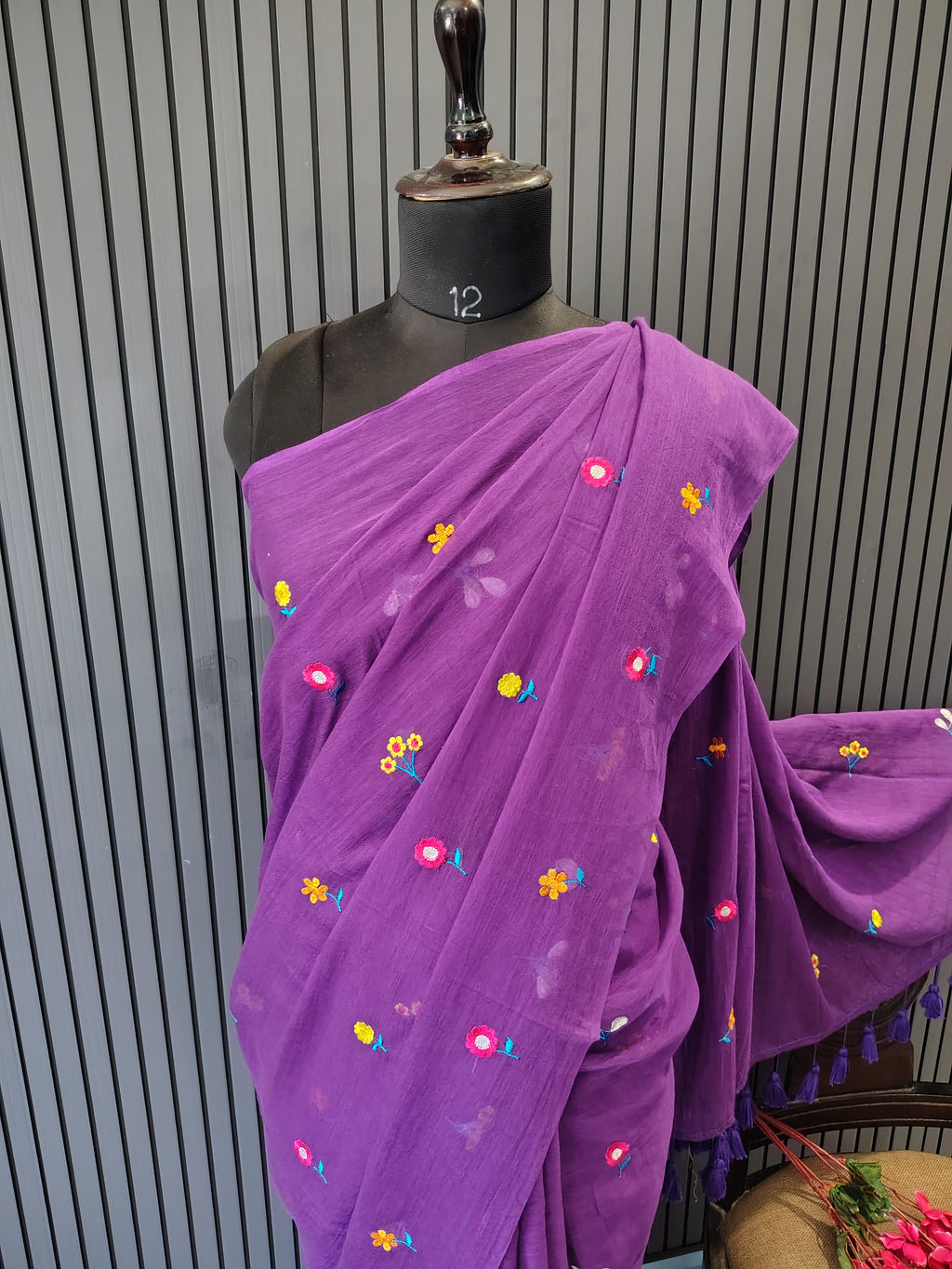 Purple Multiflower Embroidery Mulmul Saree