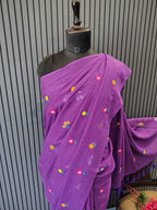 Purple Multiflower Embroidery Mulmul Saree