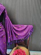 Purple Multiflower Embroidery Mulmul Saree