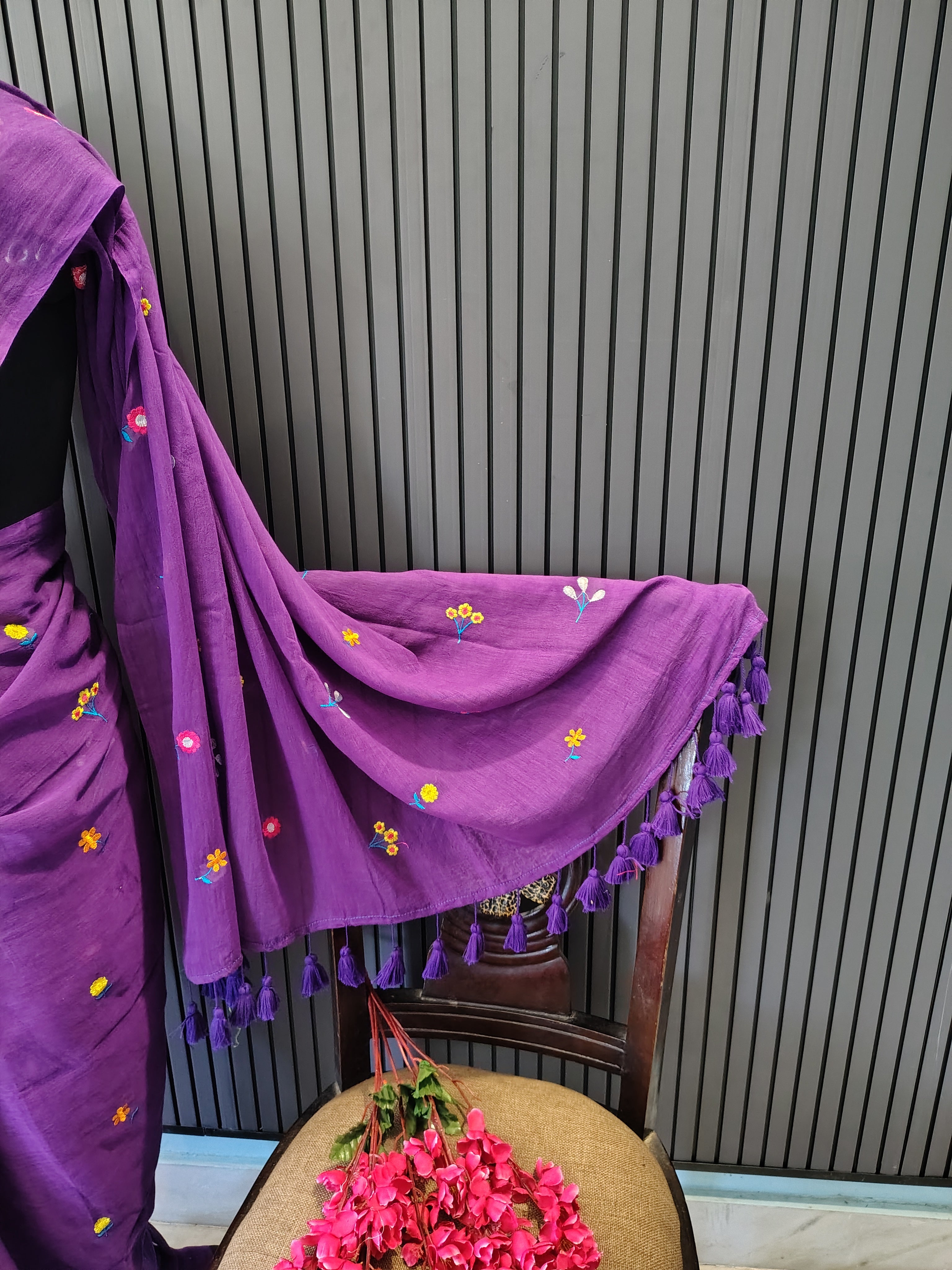 Purple Multiflower Embroidery Mulmul Saree