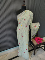 Mint Green Multiflower Embroidery Mulmul Saree
