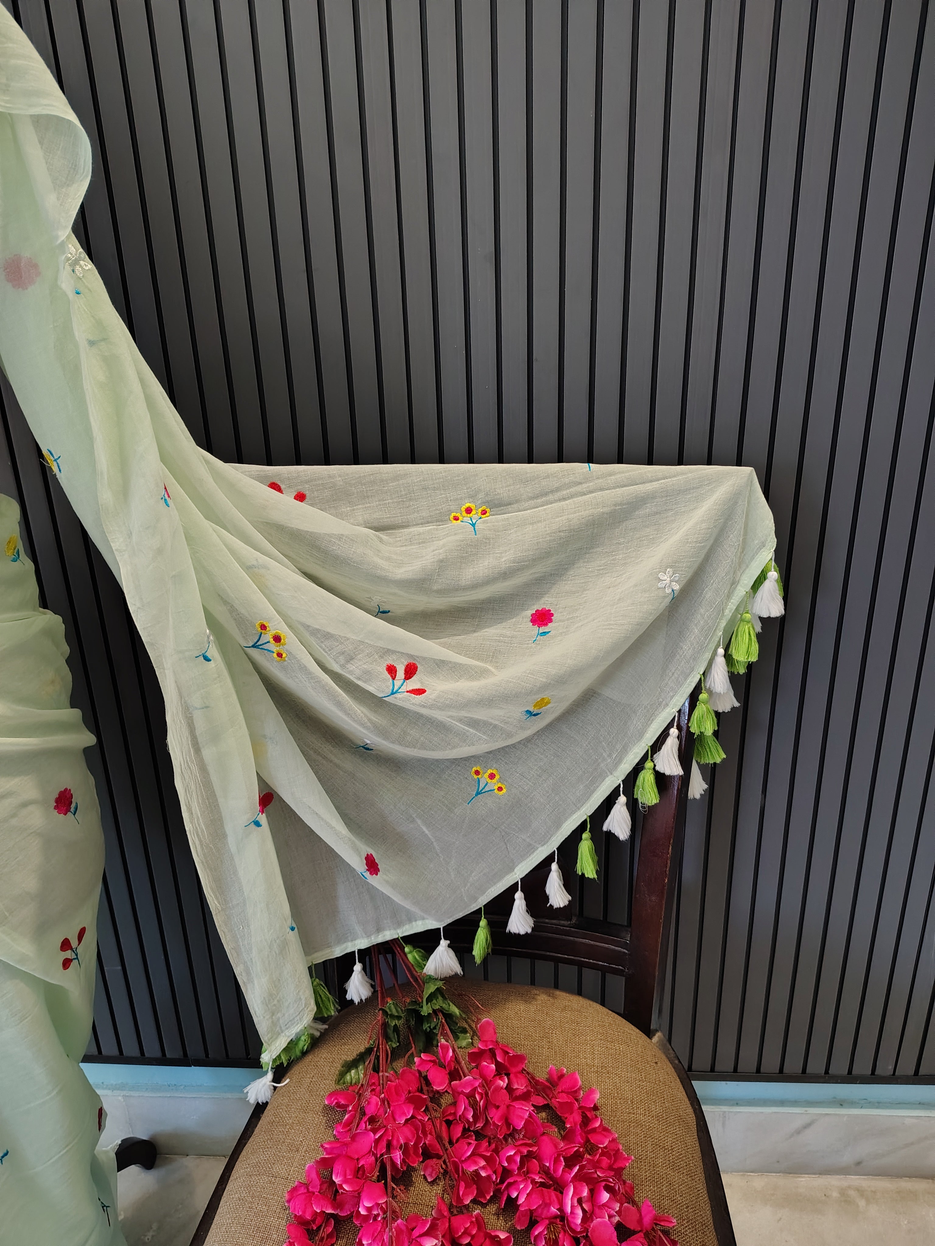 Mint Green Multiflower Embroidery Mulmul Saree