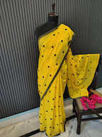 Yellow Heart Embroidered Mulmul Saree