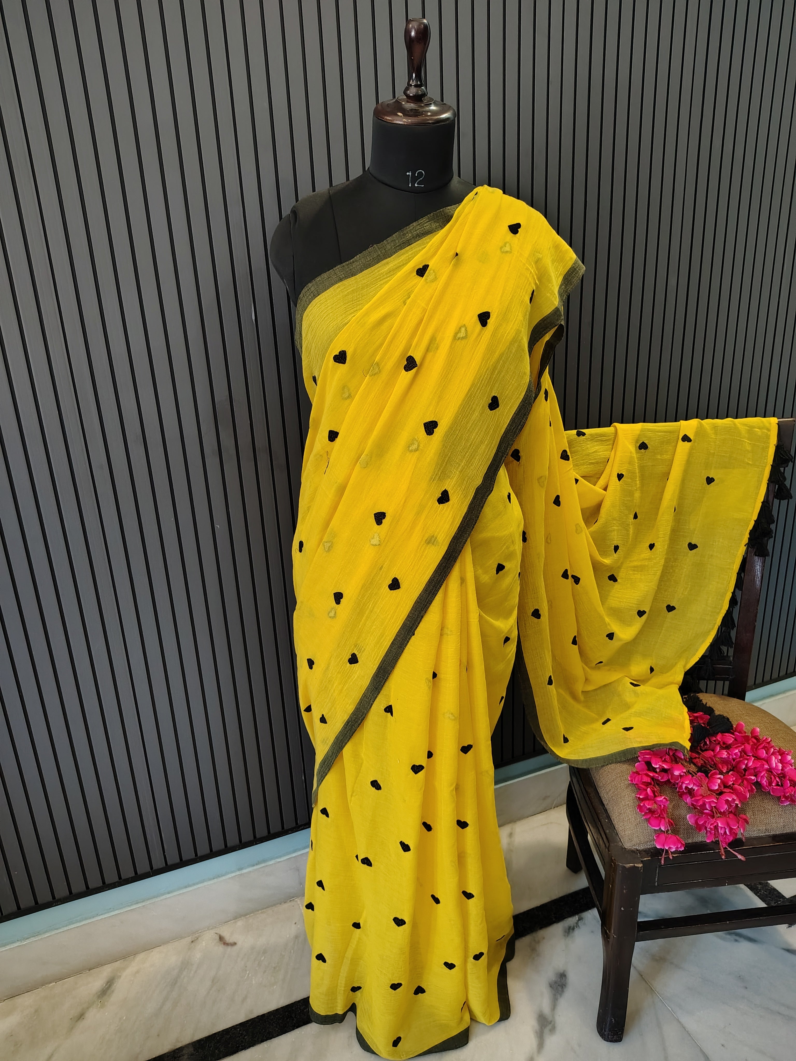 Yellow Heart Embroidered Mulmul Saree