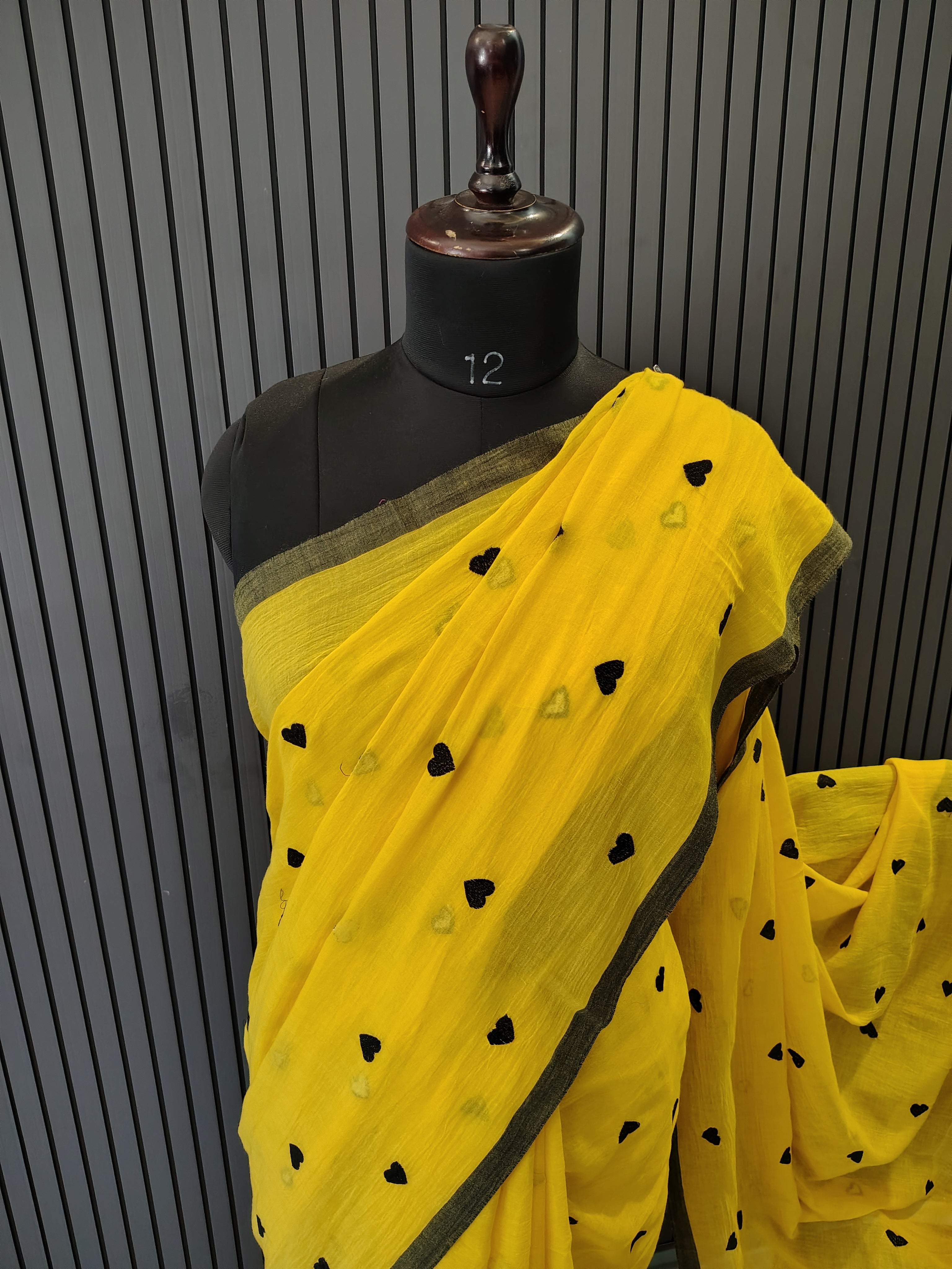 Yellow Heart Embroidered Mulmul Saree