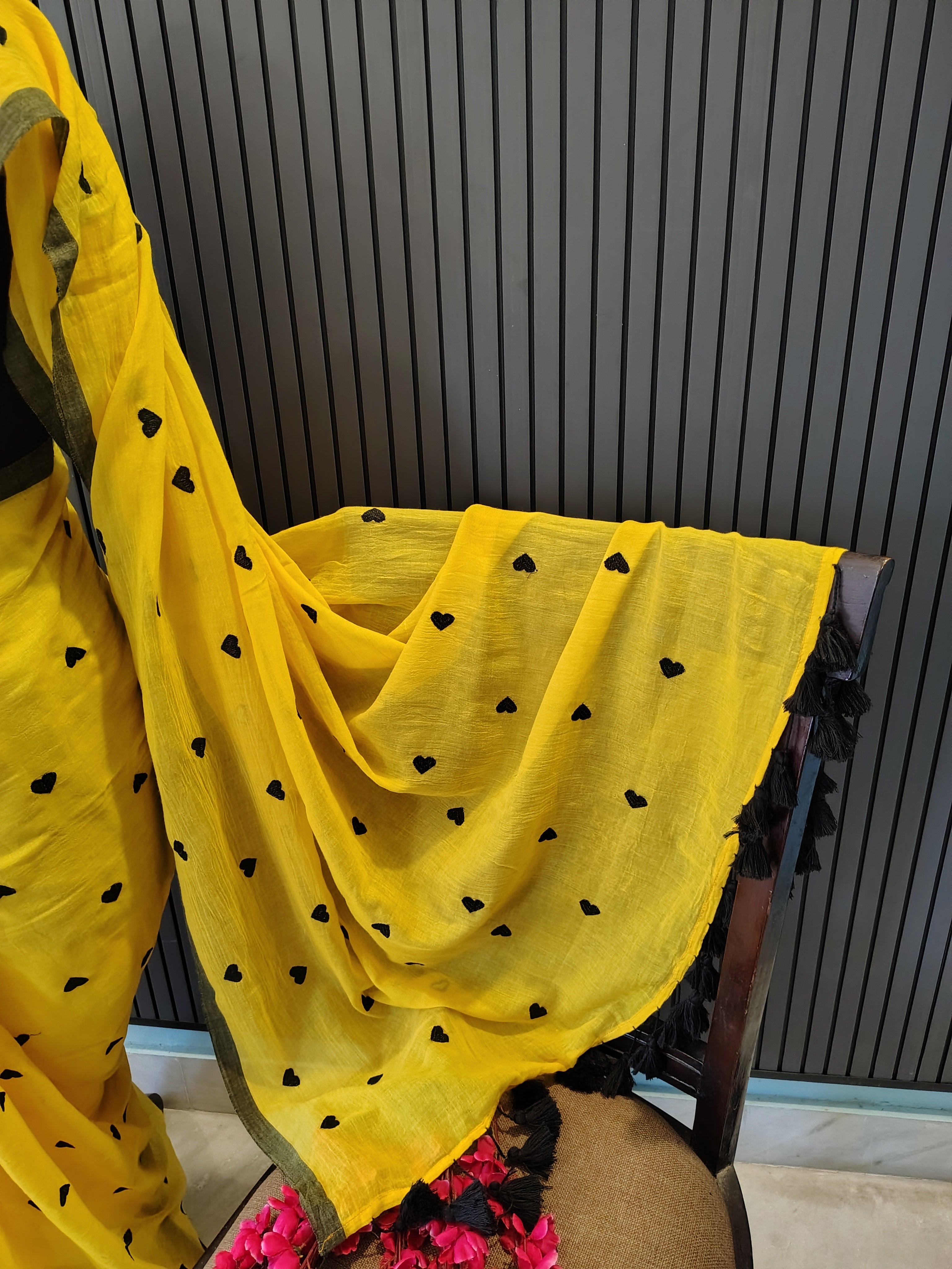 Yellow Heart Embroidered Mulmul Saree