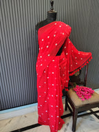 Red Heart Embroidered Mulmul Saree