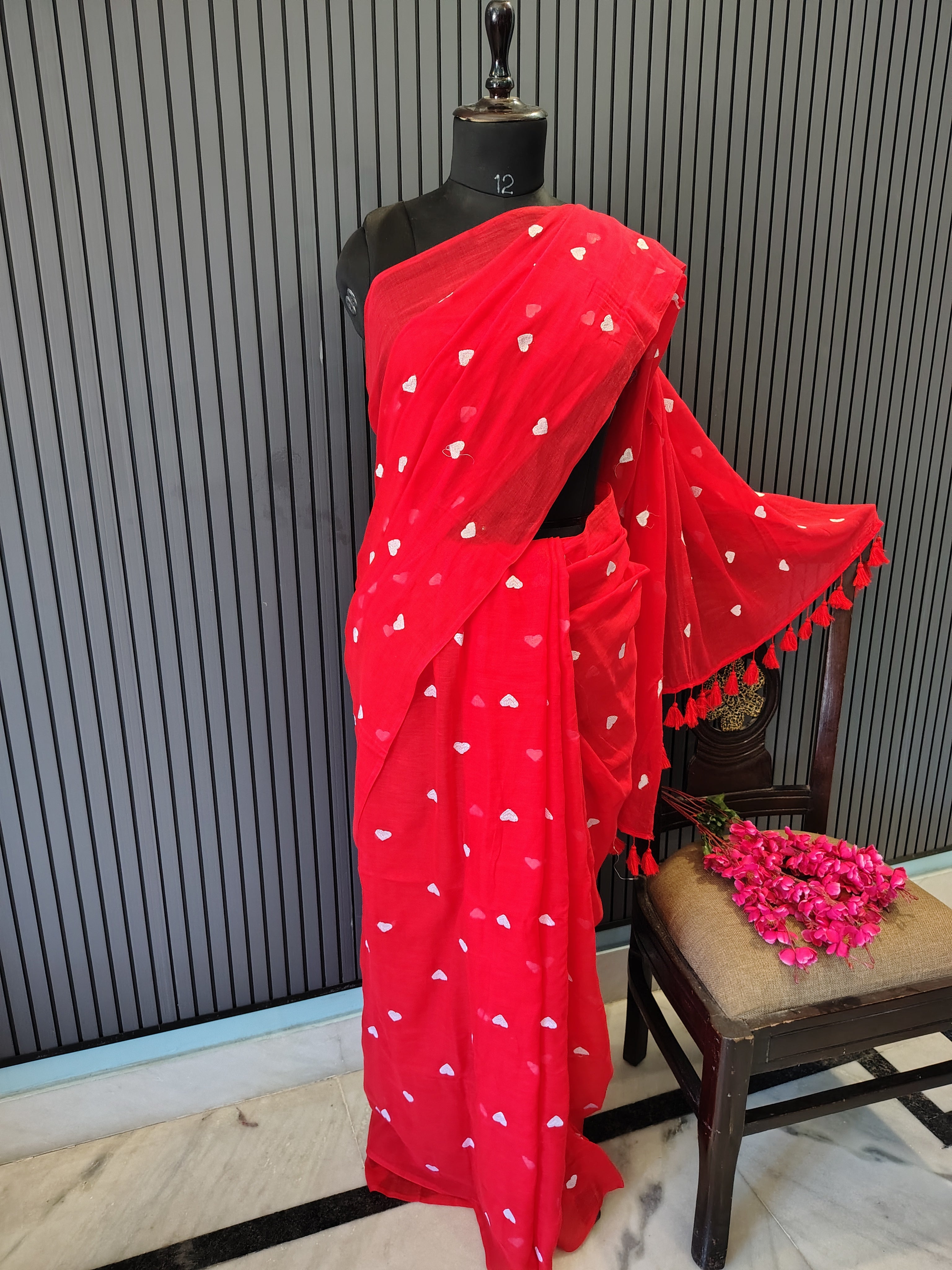 Red Heart Embroidered Mulmul Saree