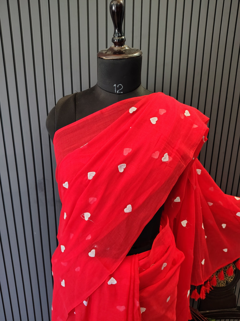 Red Heart Embroidered Mulmul Saree