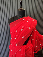 Red Heart Embroidered Mulmul Saree