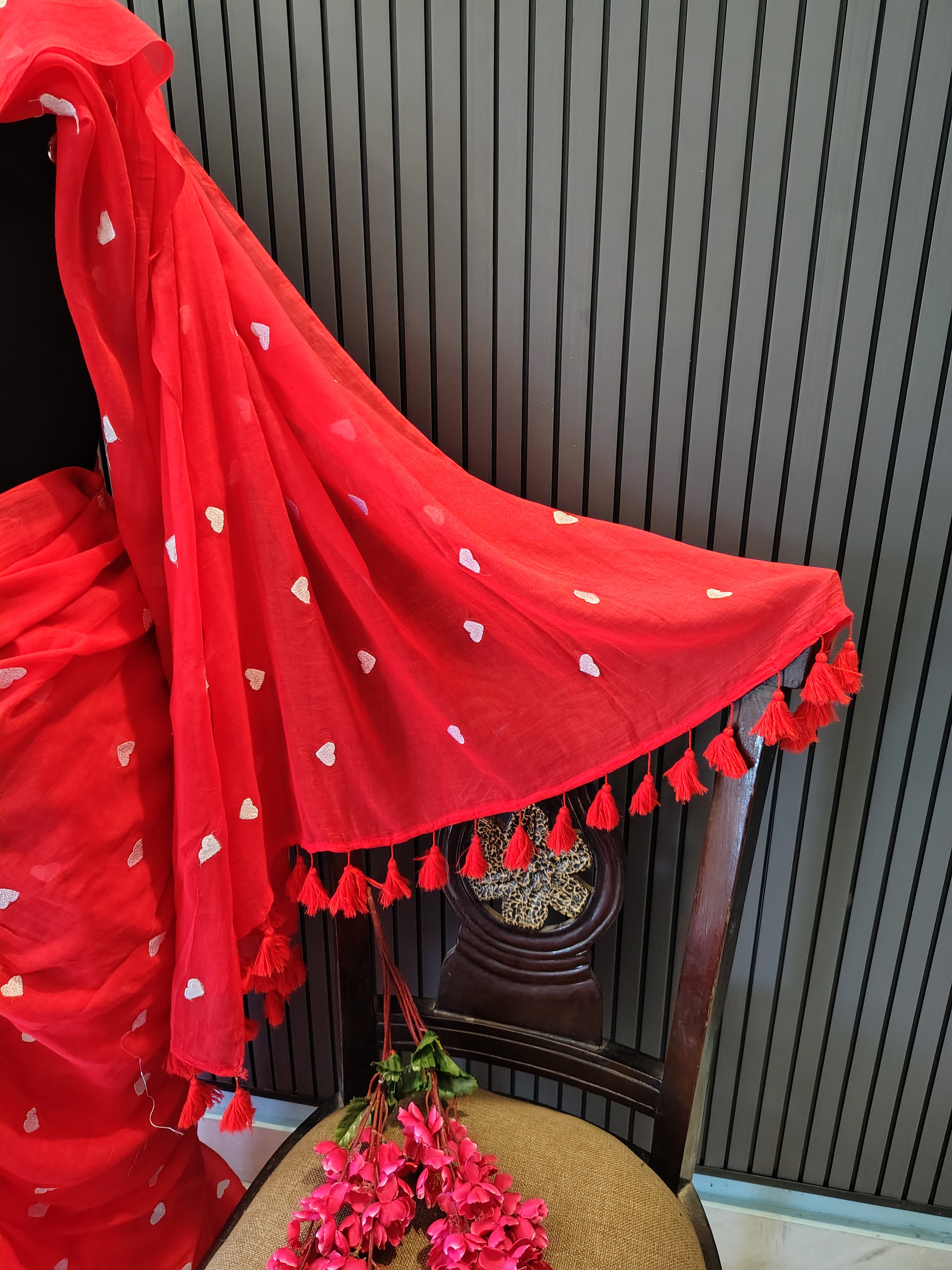 Red Heart Embroidered Mulmul Saree