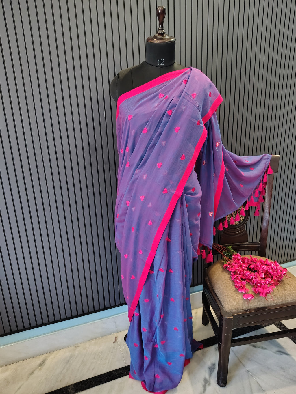 Violet Heart Embroidered Mulmul Saree
