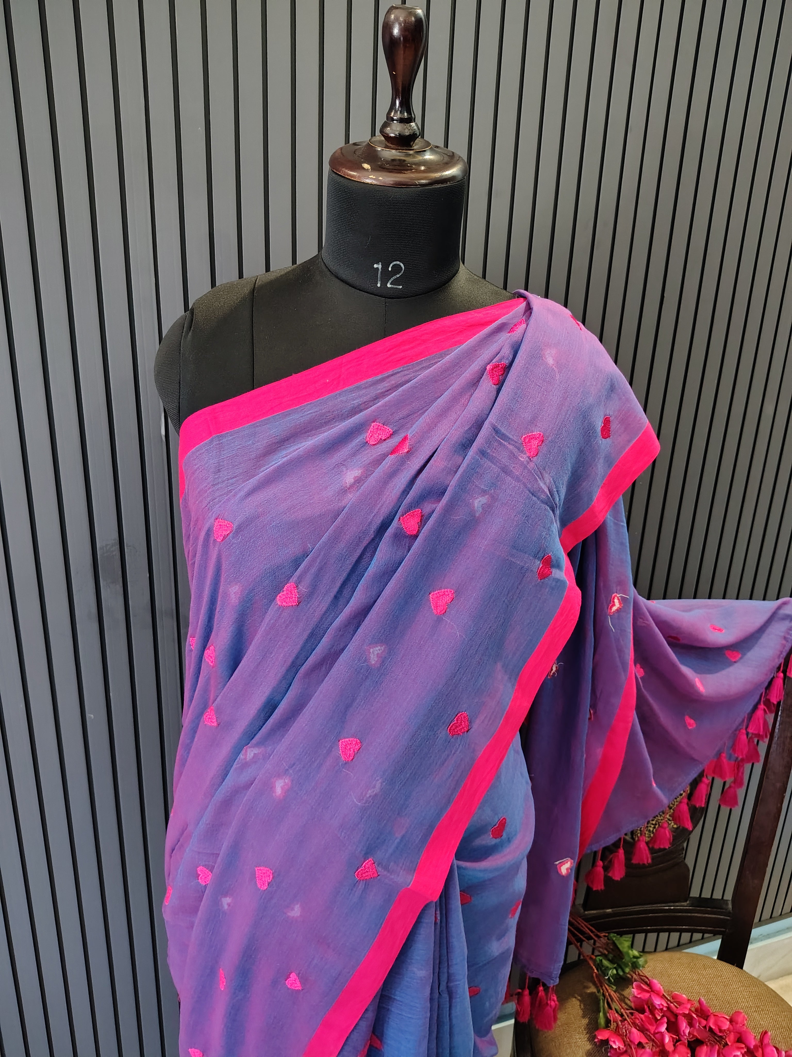 Violet Heart Embroidered Mulmul Saree