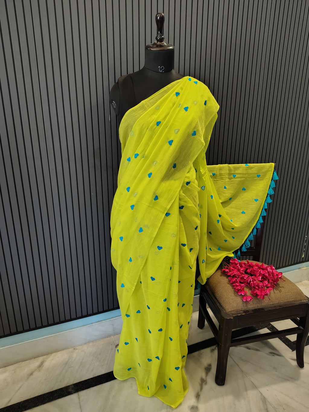 Neon Green Heart Embroidered Mulmul Saree