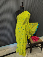 Neon Green Heart Embroidered Mulmul Saree