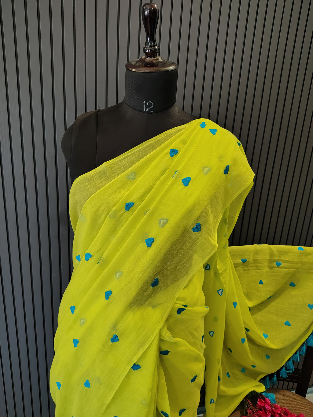 Neon Green Heart Embroidered Mulmul Saree
