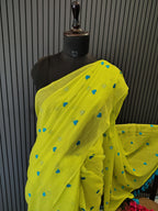 Neon Green Heart Embroidered Mulmul Saree