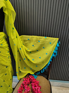 Neon Green Heart Embroidered Mulmul Saree