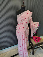 Baby Pink Heart Embroidered Mulmul Saree