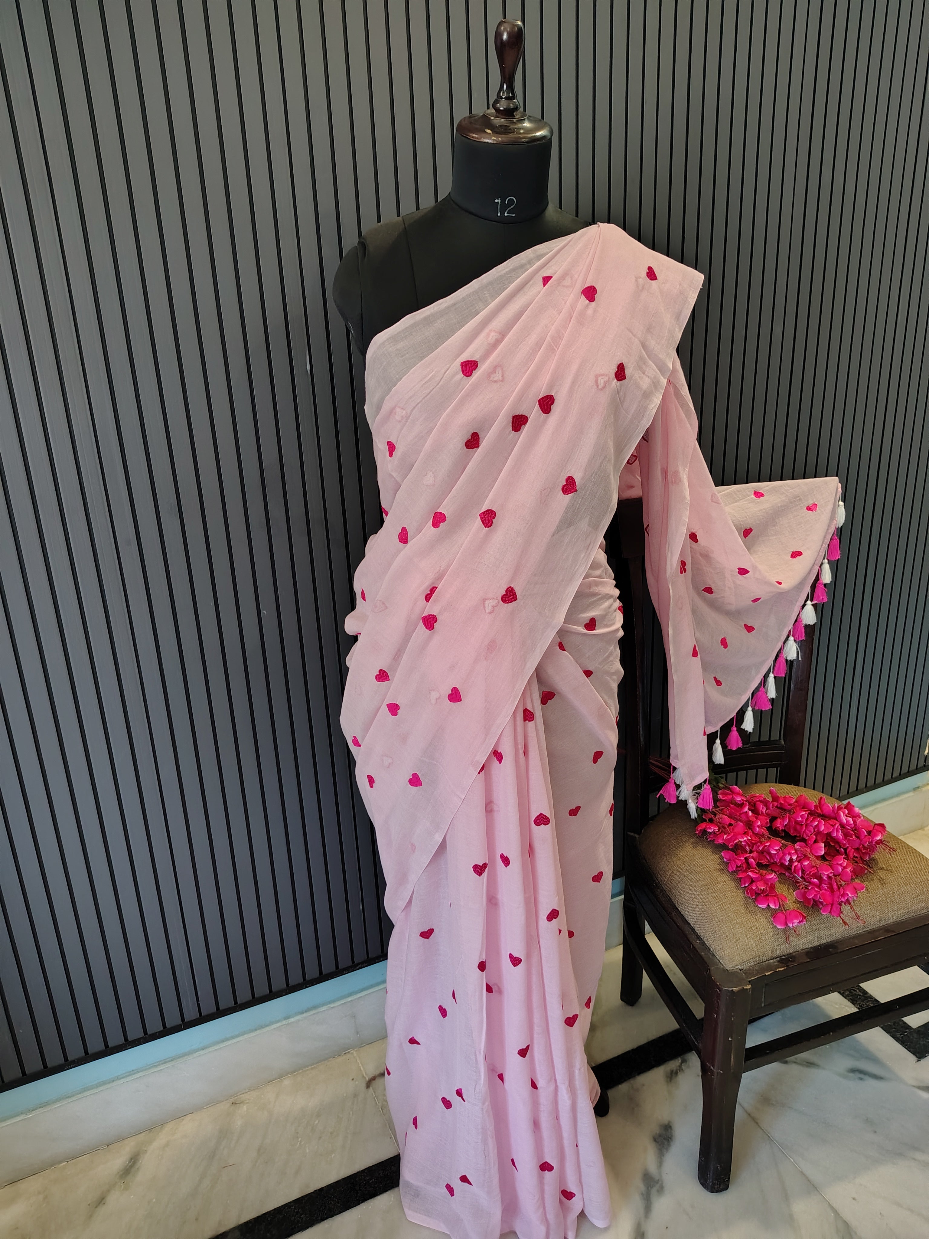 Baby Pink Heart Embroidered Mulmul Saree