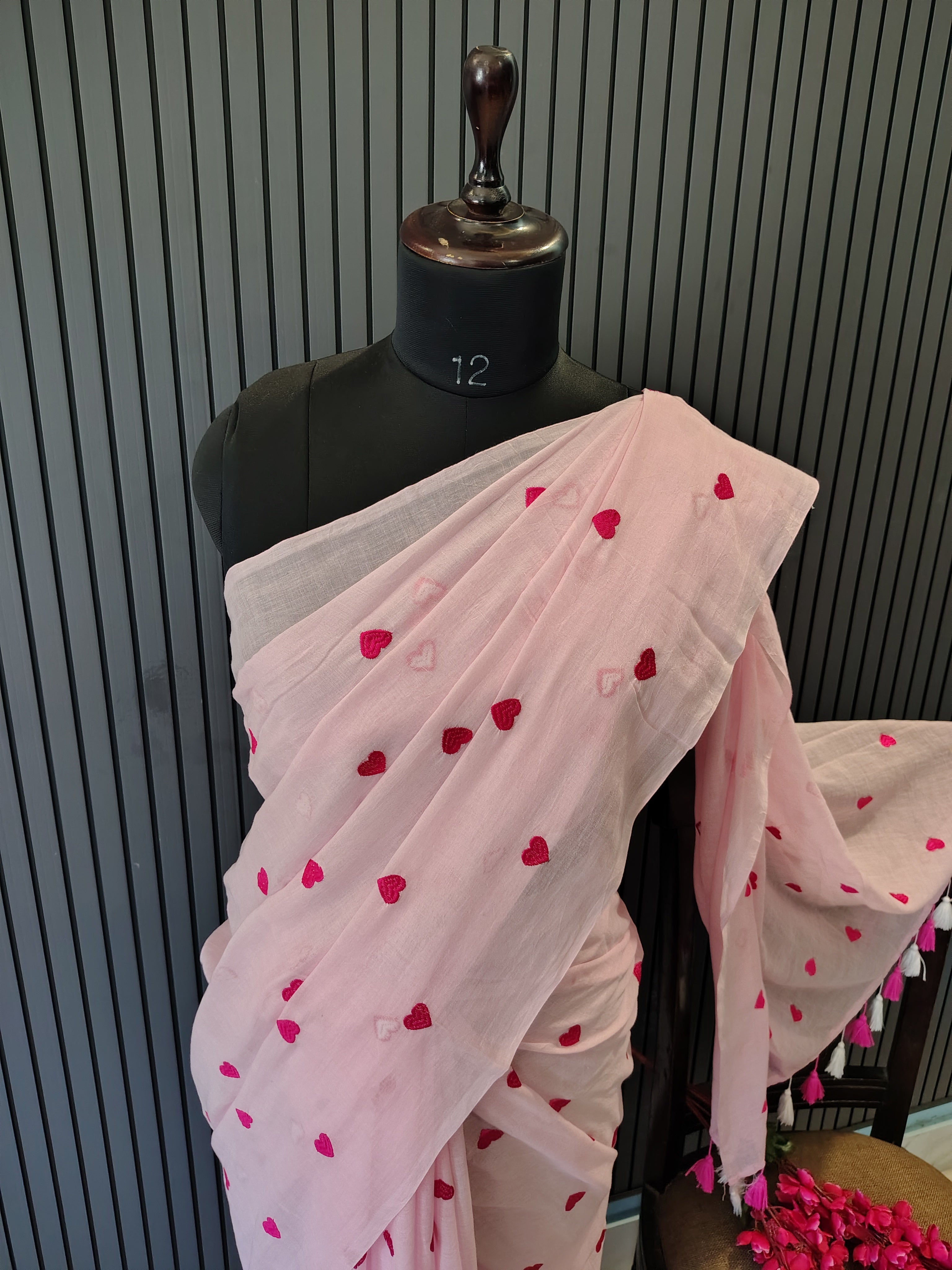 Baby Pink Heart Embroidered Mulmul Saree
