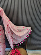 Baby Pink Heart Embroidered Mulmul Saree