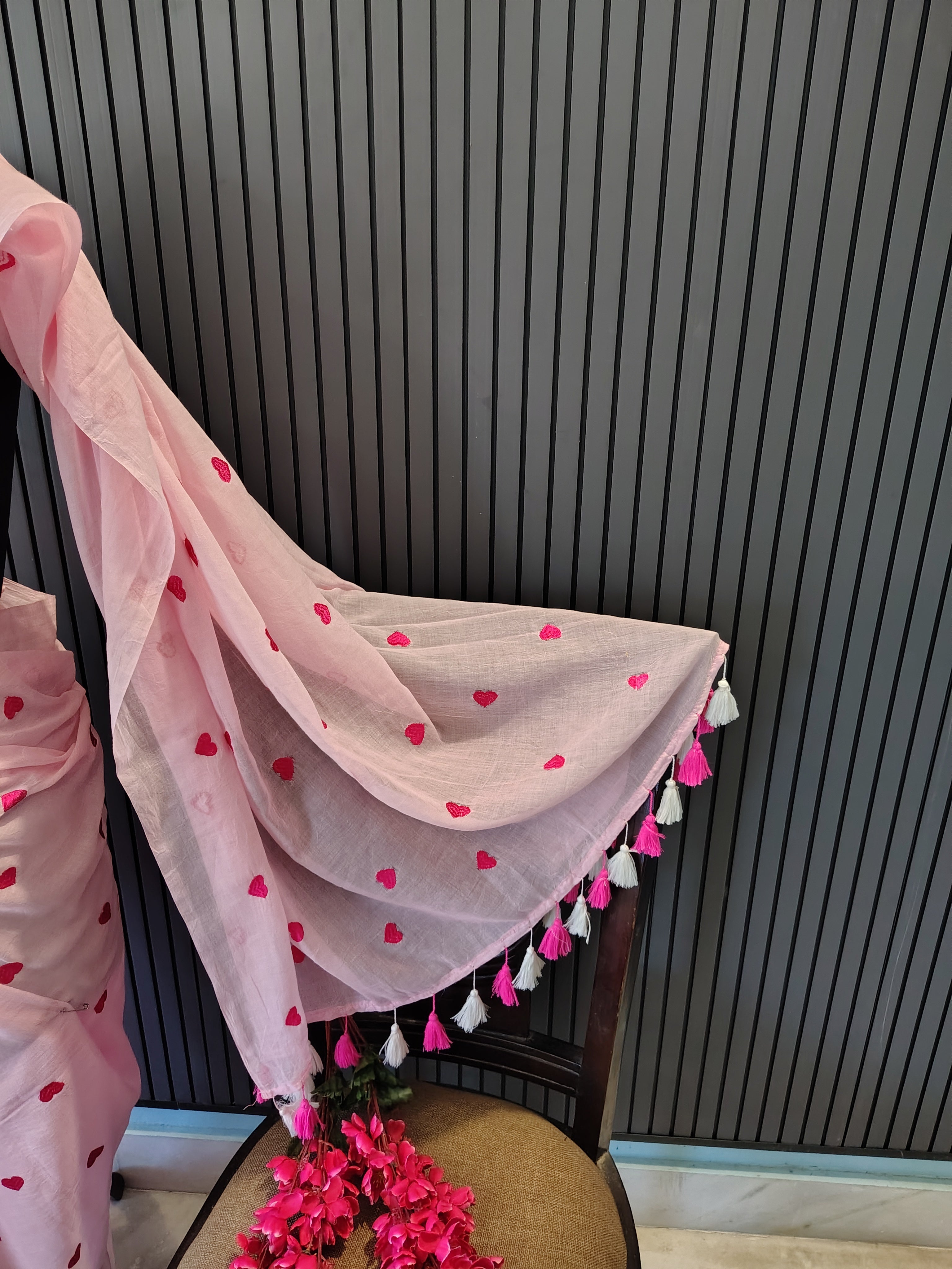 Baby Pink Heart Embroidered Mulmul Saree