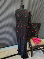 Black Red Heart Embroidered Mulmul Saree