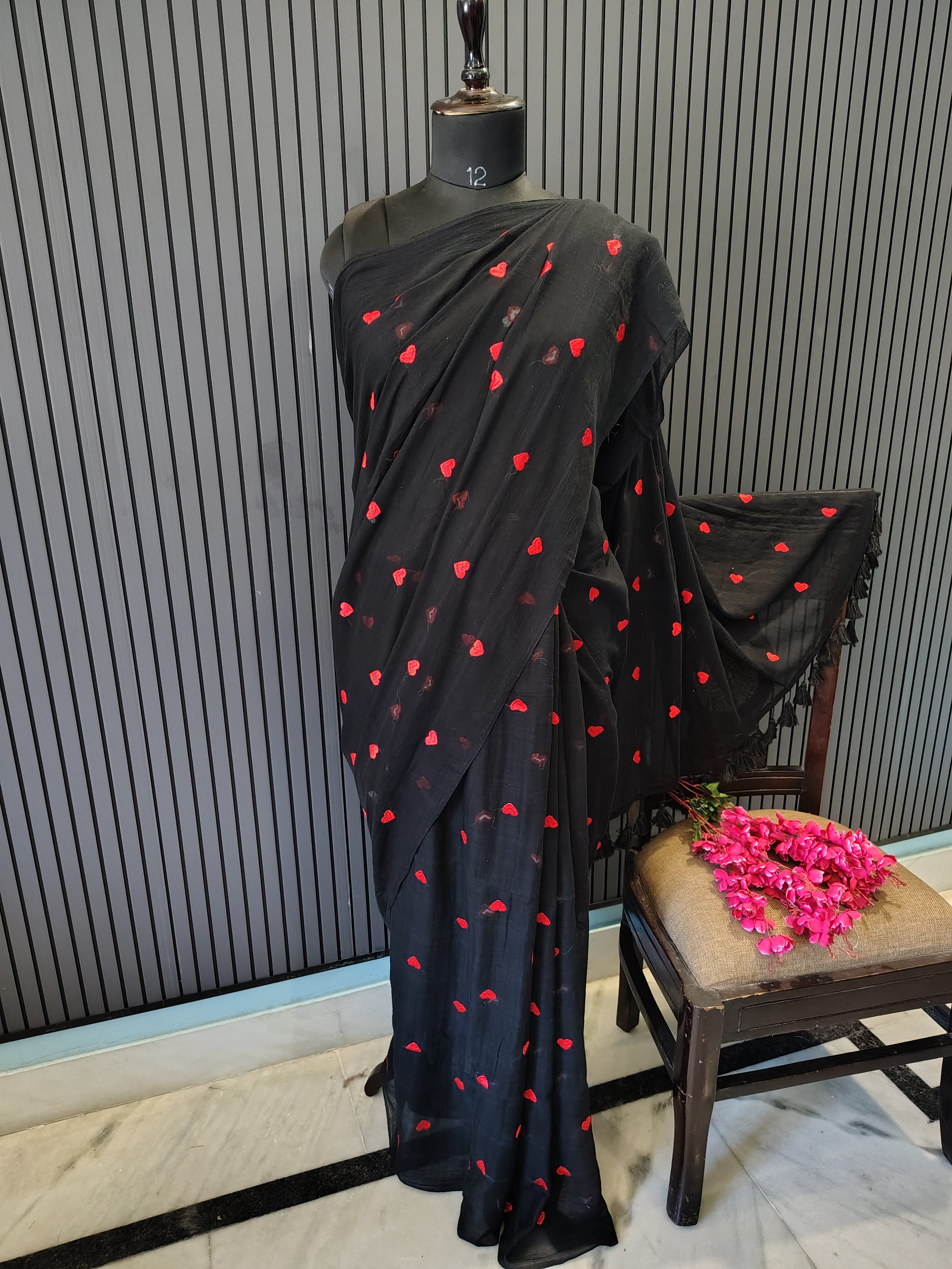 Black Red Heart Embroidered Mulmul Saree