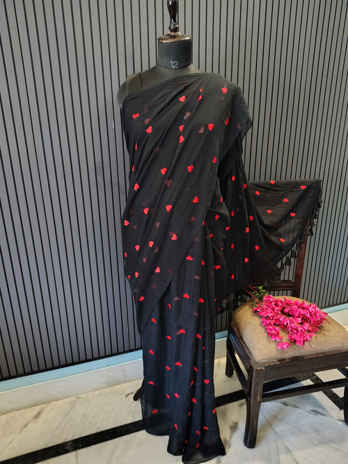 Black Red Heart Embroidered Mulmul Saree