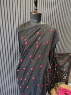Black Red Heart Embroidered Mulmul Saree