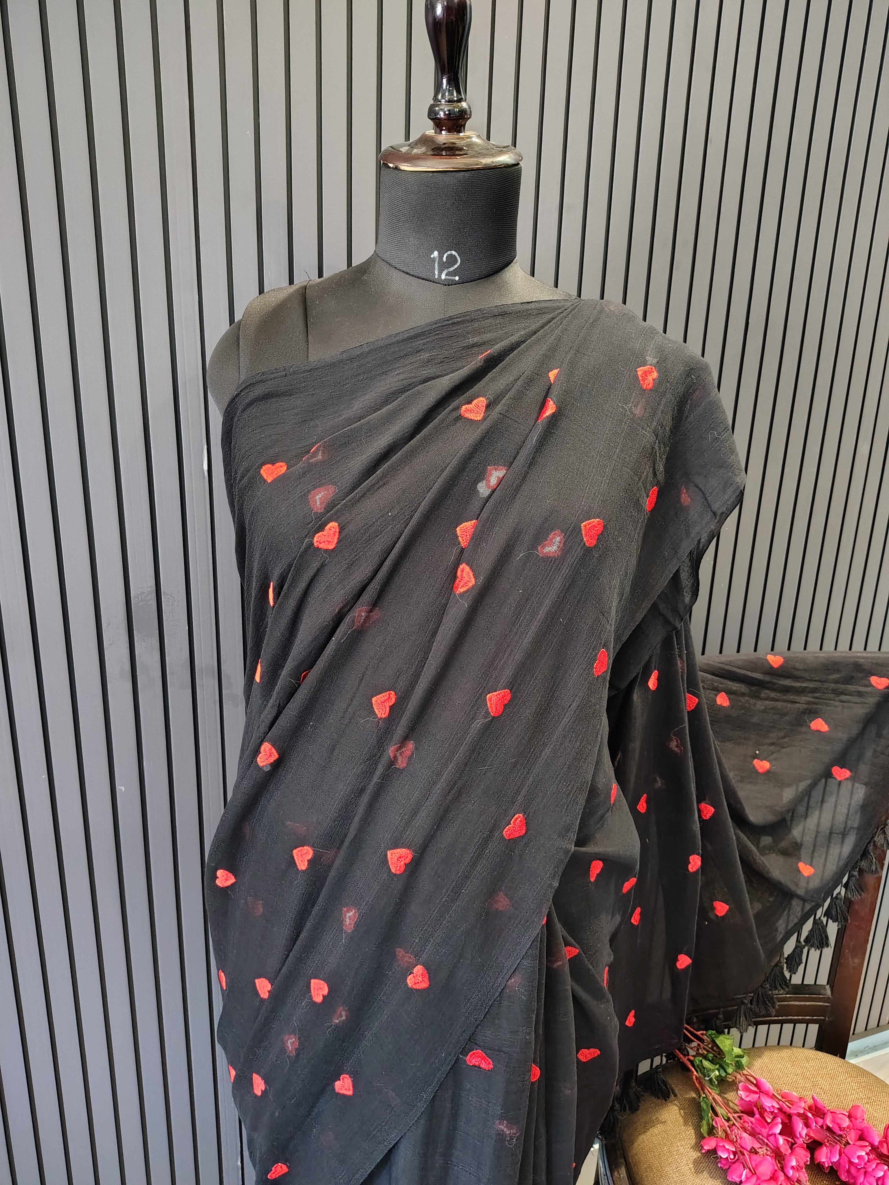 Black Red Heart Embroidered Mulmul Saree