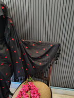 Black Red Heart Embroidered Mulmul Saree
