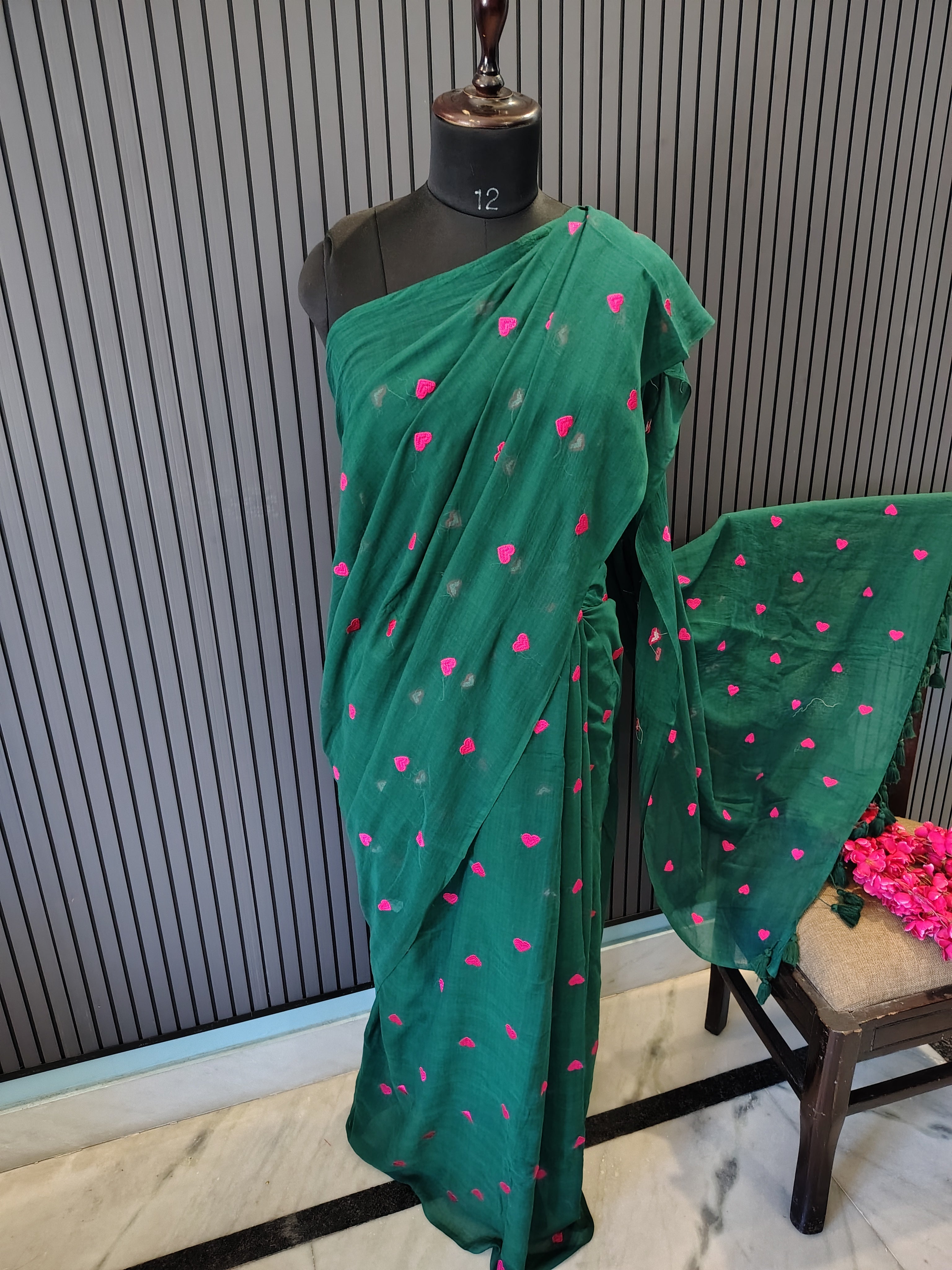Sea Green Heart Embroidered Mulmul Saree