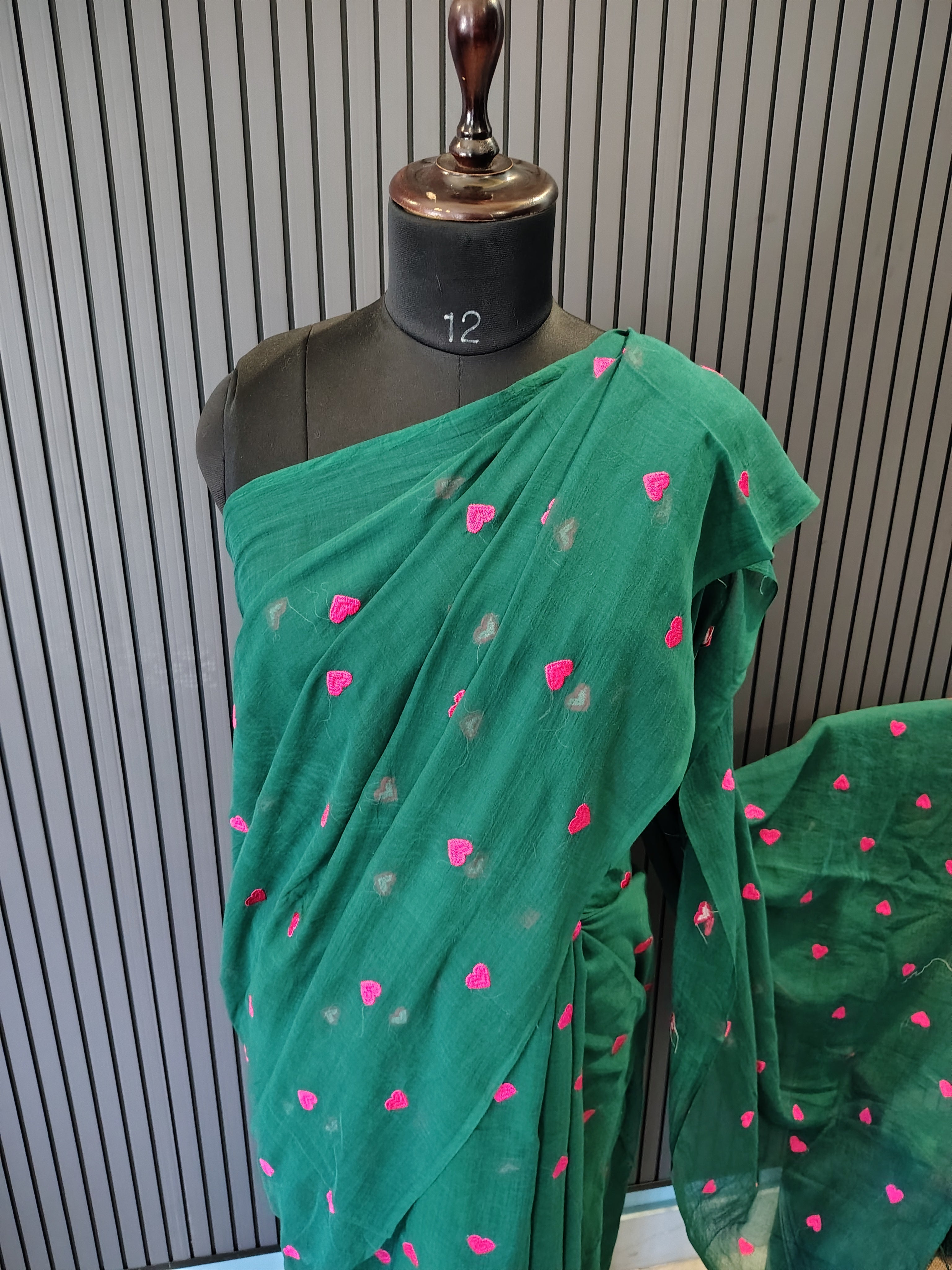 Sea Green Heart Embroidered Mulmul Saree