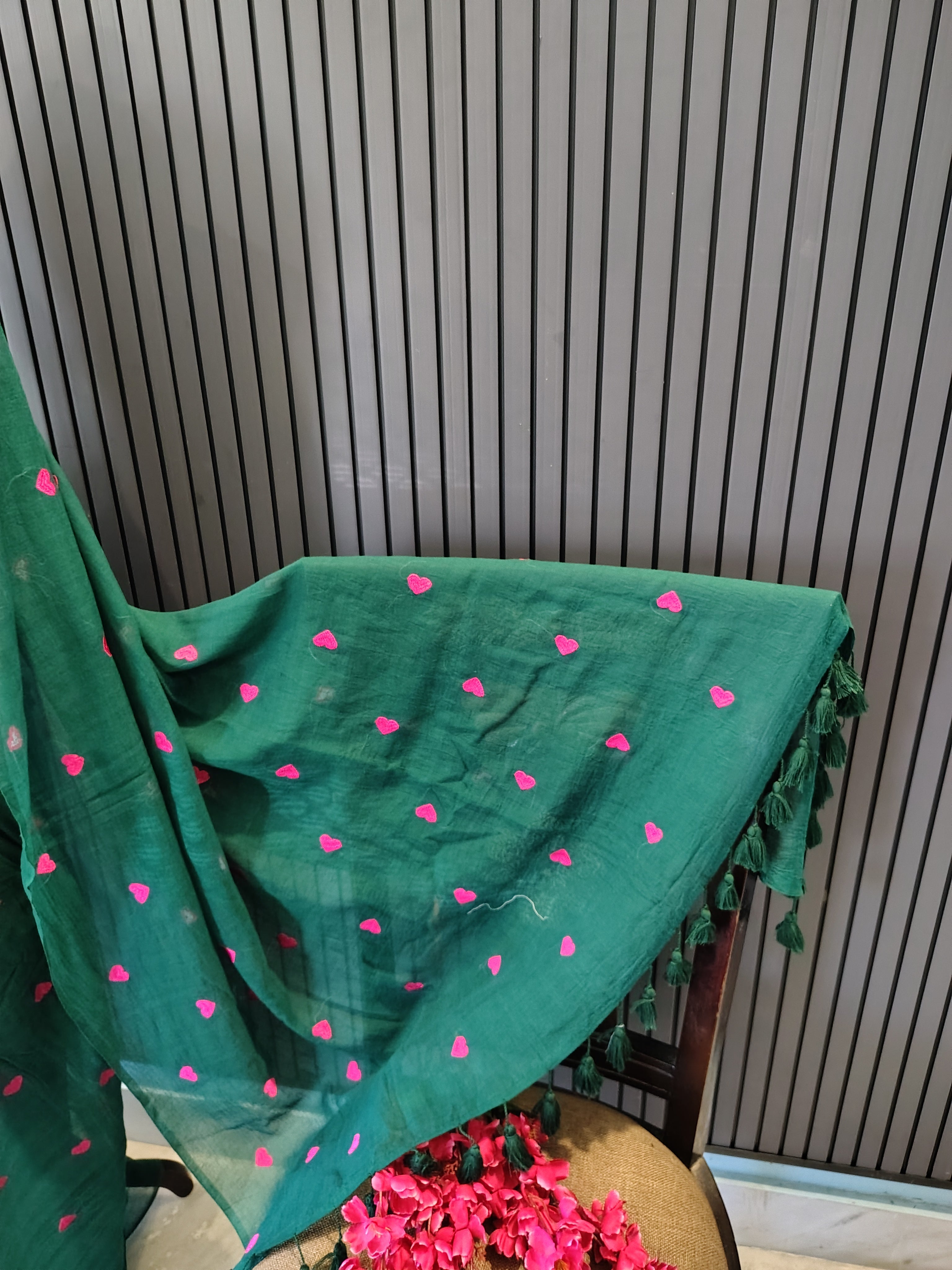 Sea Green Heart Embroidered Mulmul Saree