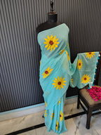 Sky Blue Sunflower Mulmul Saree